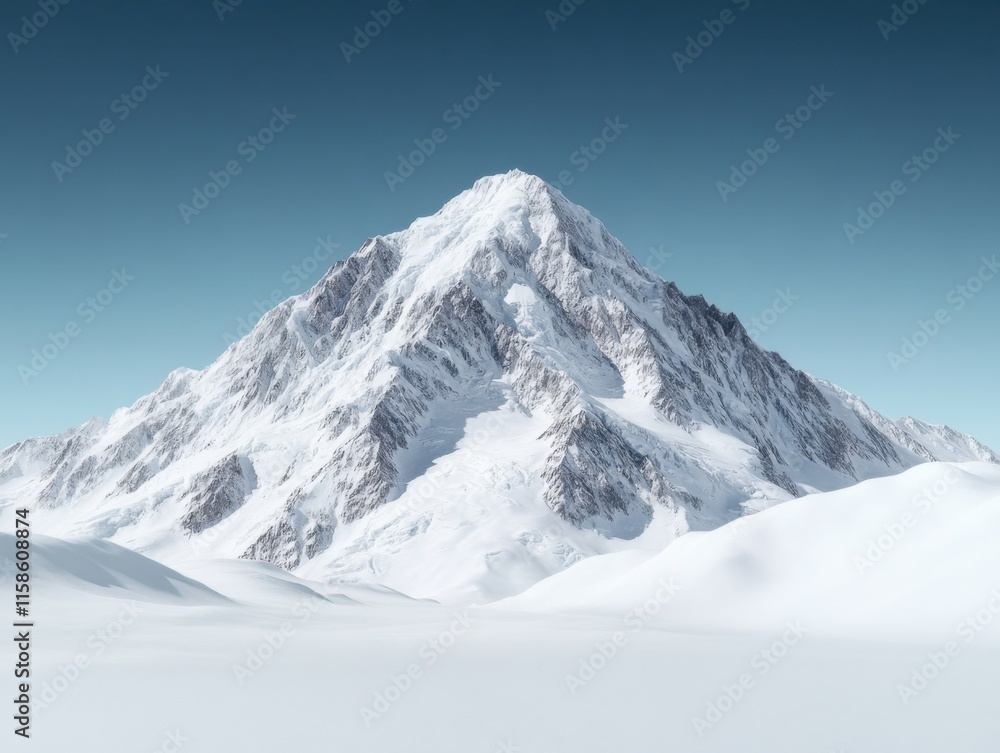 Obraz premium A stunning snow-capped mountain peak rises majestically against a clear blue sky, presenting a serene and majestic view of untouched winter beauty.