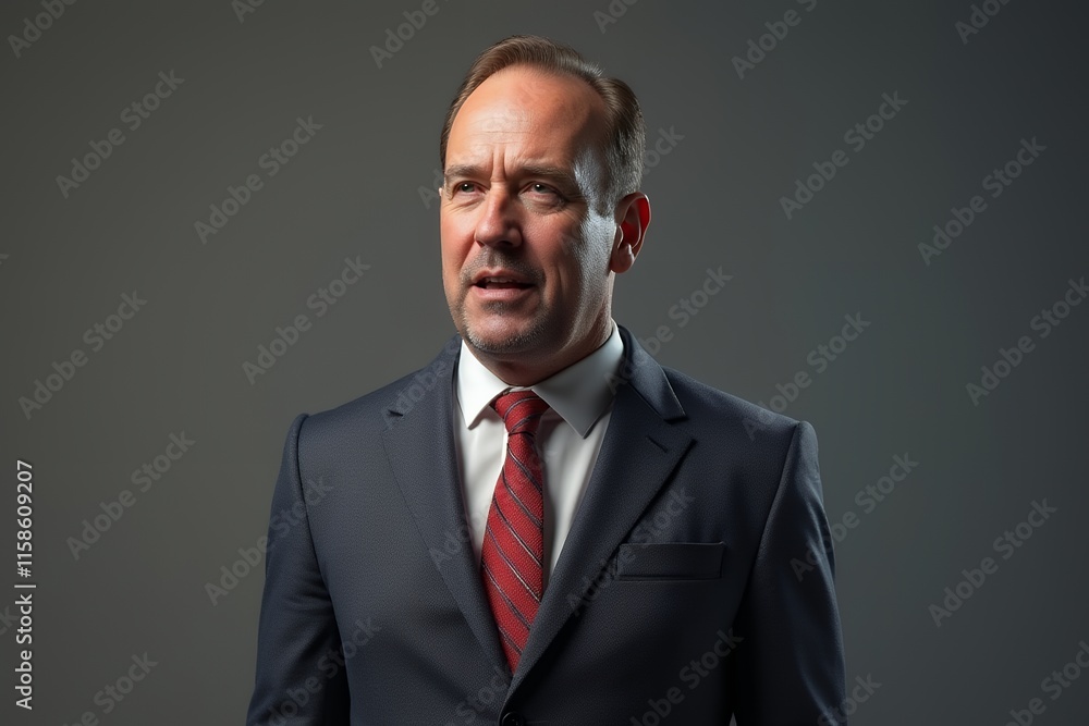 Confident Businessman in Suit with Red Tie Against Dark Background Confident Businessman in Suit with Red Tie Against Dark Background