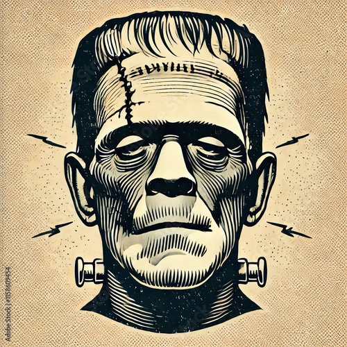 Retro Horror Graphic frankenstein character face portrait, black and white image. Generative AI.