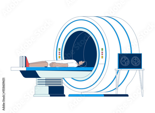 Indian male patient undergoing MRI scan 2D cartoon character. Man lying on scanner bed during diagnostic procedure isolated person flat vector on white background. Spot illustration colorful