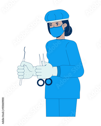 Indian female surgeon in blue scrubs holding surgical tools 2D cartoon character. Healthcare worker with medical instruments isolated person flat vector on white background. Spot illustration colorful