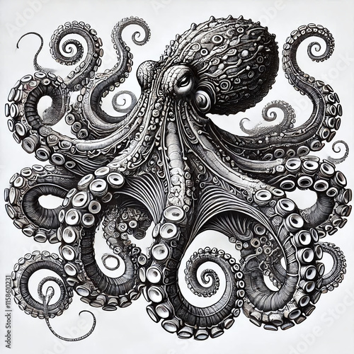 Detailed black and white sketch of a majestic octopus, showcasing intricate tentacles and underwater allure. Generative AI.