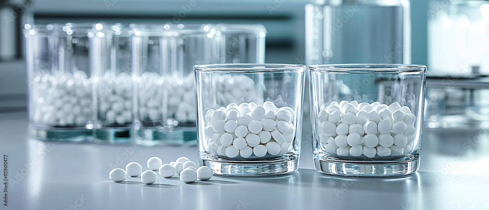 The image showcases glass containers filled with small white pellets, likely representing pharmaceutical products or homeopathic remedies.