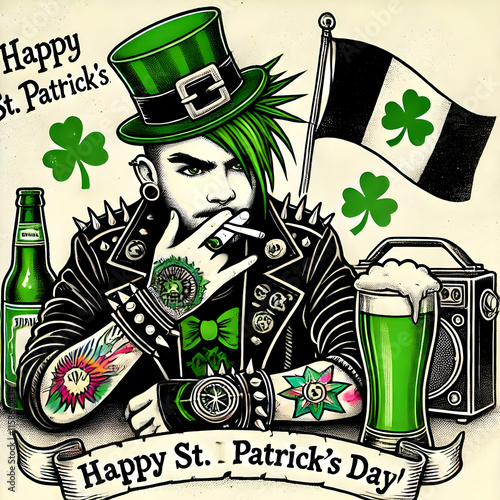 Punk rocker celebrating St. Patrick's Day smoking and drinking green beer