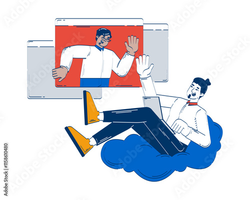 Virtual conversation with relaxed teleworker doodle illustration concept. Remote collaboration. Web meeting. Diverse coworkers waving cartoon 2D characters isolated on white. Hand drawn vector drawing