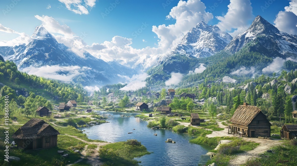 Fototapeta premium A village with beautiful scenery during the day