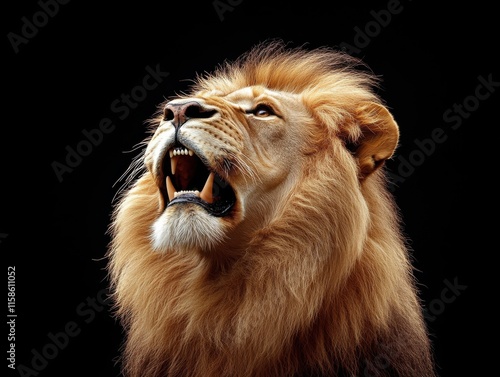 A majestic lion with a full mane is roaring against a black background, highlighting its powerful features in cinematic 8k detail. photo