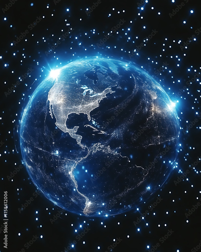 Obraz premium Glowing Earth with North America at night, surrounded by stars.