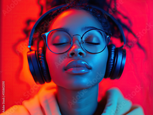 dj with headphones, young woman enjoying music with closed eyes modle light.