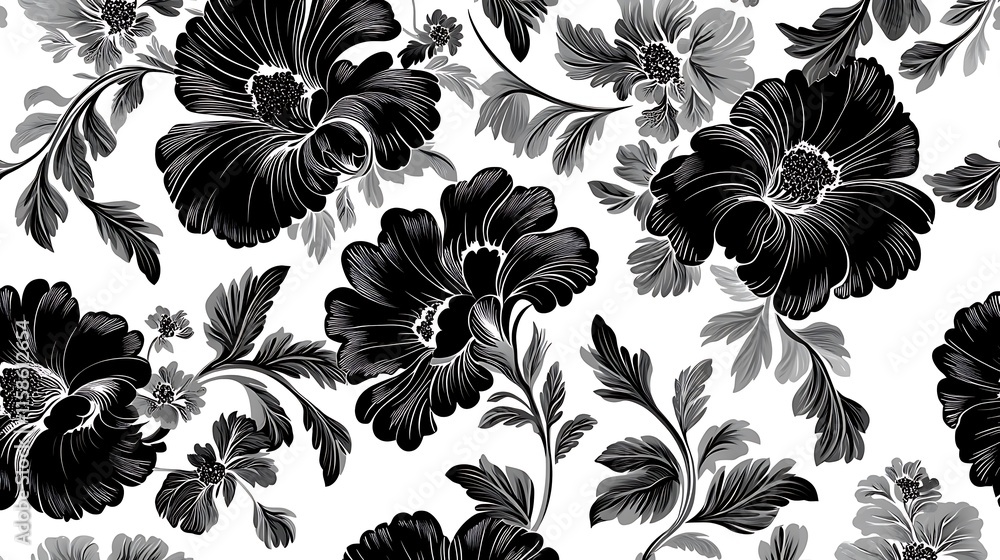 A striking monochrome seamless floral pattern in vector style, with bold black and white contrasts on a clean white background. A striking monochrome seamless floral pattern in vector style, with bold black and white contrasts on a clean white background.