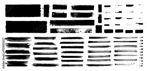 Straight line vector brush strokes. Black hand drawn stripes, smears. Chinese or Japanese calligraphy brushstrokes set. Rough grunge thick paint line textures. Grungy sketchy rectangle text boxes pack