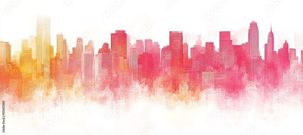 Fototapeta premium Vibrant City Skyline, Abstract Watercolor Painting Of Urban Landscape In Red And Yellow Tones.