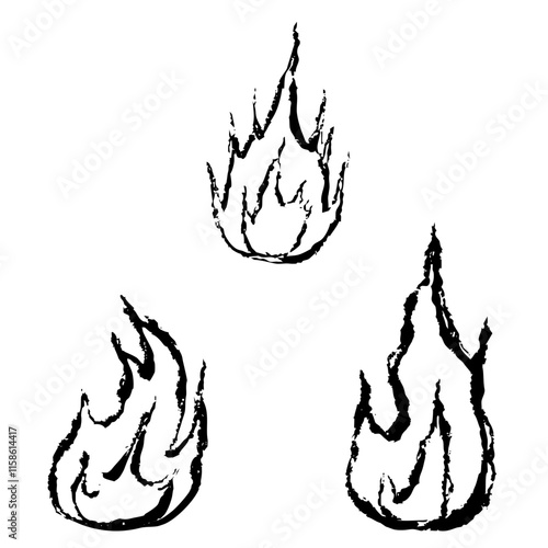 筆タッチの手描きの炎のモノクロ線画イラスト