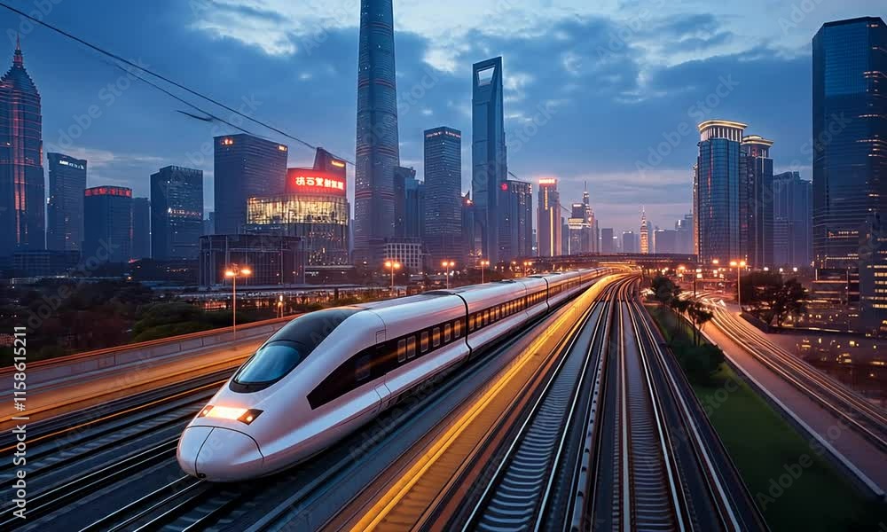 Aerial view of bullet train speeding through the futuristic city Aerial view of bullet train speeding through the futuristic city