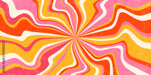 Retro background with spiral sunburst. Vector swirl textured radial pattern with rays. Vintage abstract wavy pink and orange striped vortex. 70s funky psychedelic disco bg.