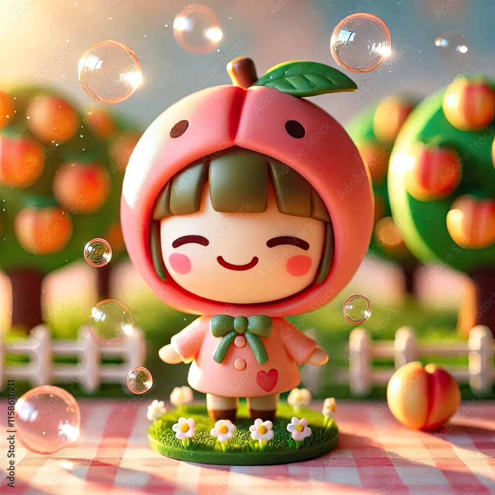 Cute Peach Character Toy in Whimsical Summer Orchard at Golden Hour with Generative AI. Cute Peach Character Toy in Whimsical Summer Orchard at Golden Hour with Generative AI.