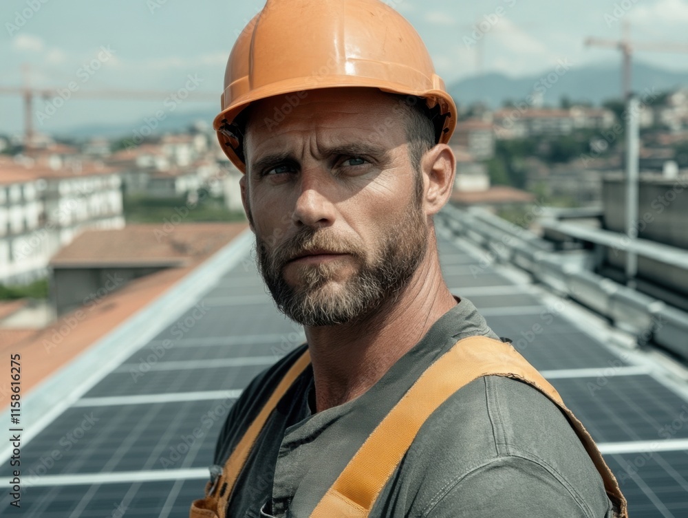 A worker wearing a hard hat is installing solar panels on a rooftop. He is focused and the background shows a cityscape under a clear sky. A worker wearing a hard hat is installing solar panels on a rooftop. He is focused and the background shows a cityscape under a clear sky.