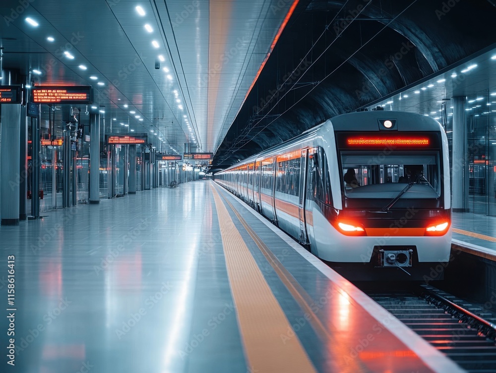 A sleek, modern subway train waits at a futuristic, illuminated underground station, highlighting the essence of urban innovation. A sleek, modern subway train waits at a futuristic, illuminated underground station, highlighting the essence of urban innovation.