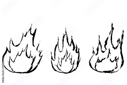 筆タッチの手描きの炎のモノクロ線画イラスト