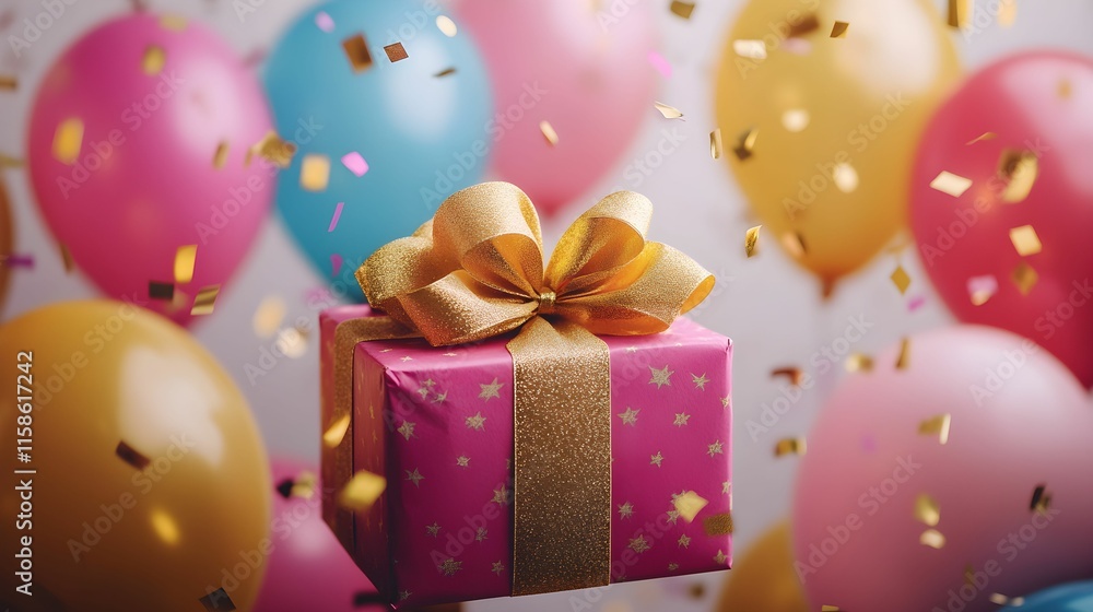 Colorful celebration with balloons and a gift box for a joyful occasion Colorful celebration with balloons and a gift box for a joyful occasion