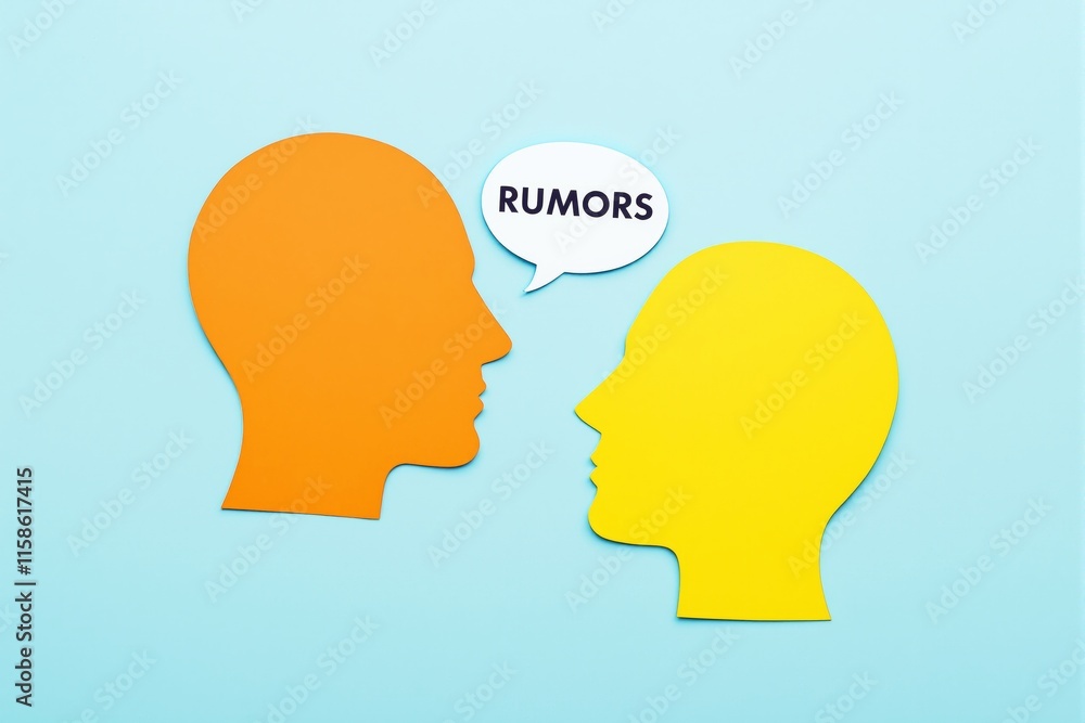 Two colorful paper-cut human profiles interact with RUMORS in a speech bubble on a bright blue background, symbolizing gossip or communication. Ai generative Two colorful paper-cut human profiles interact with RUMORS in a speech bubble on a bright blue background, symbolizing gossip or communication. Ai generative