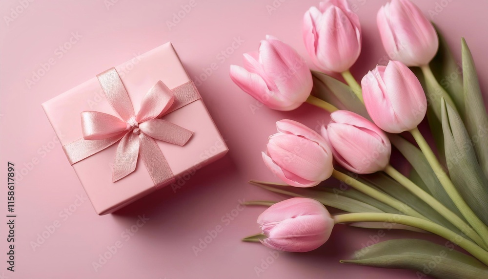 Fototapeta premium birthday card, march 8 and mother's day - delicate tulips and gift box