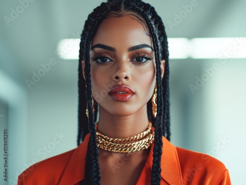 A portrait of a young woman with radiant features, wearing bold makeup and gold accessories, exuding confidence. She stands against a blurred background.
