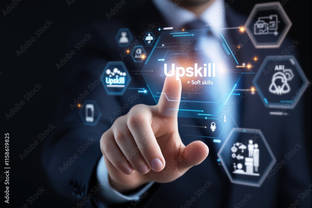 Businessman touching futuristic interface with icons for upskilling and soft skills, dark gradient background, concept of personal development. Ai generative Businessman touching futuristic interface with icons for upskilling and soft skills, dark gradient background, concept of personal development. Ai generative