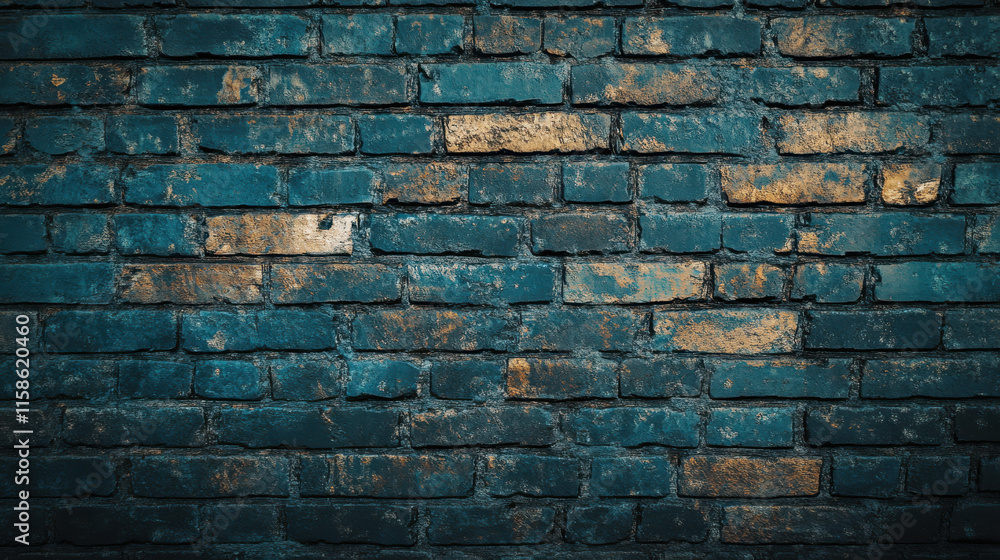 Obraz premium A rugged, weathered wall texture with intricate cracks and rough bricks, infused with deep teal and gold hues