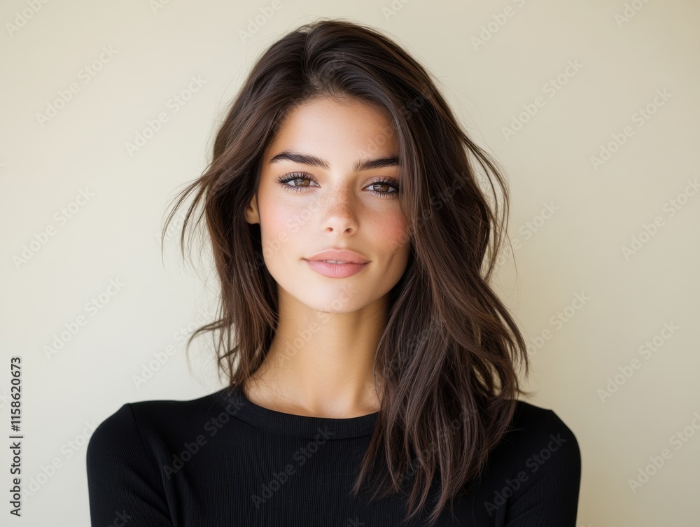 Obraz premium A Middle Eastern woman in her 30s with brown hair against a cream background, wearing a black top. Her expression is calm and serene.