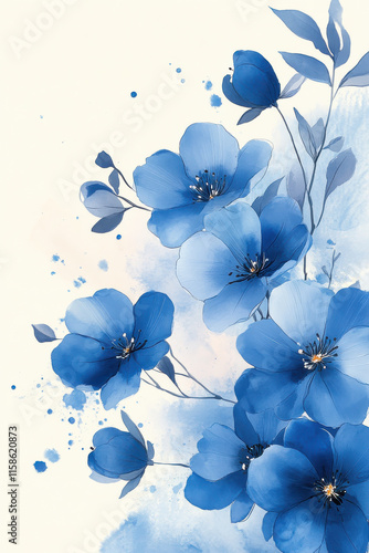 Blue Watercolor Floral Illustration of Pansies or Violets, Richly Detailed with Petals and Stamens, on Soft Gradient Background for Banner or Wallpaper