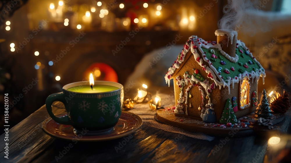 Cozy Christmas Scene with Gingerbread House and Candlelit Tea Cozy Christmas Scene with Gingerbread House and Candlelit Tea