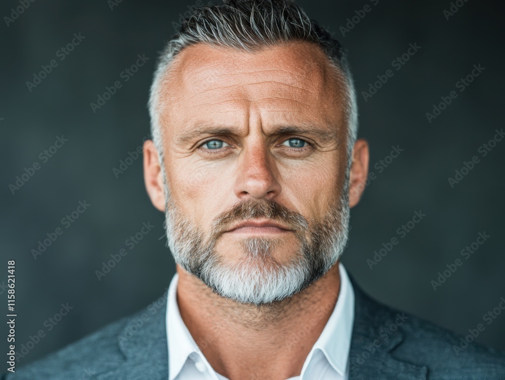 Portrait of a confident middle-aged man with a salt-and-pepper beard, wearing a suit jacket against a dark background. Portrait of a confident middle-aged man with a salt-and-pepper beard, wearing a suit jacket against a dark background.