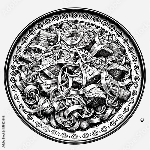 Etched Black and White Noodle Bowl Illustration with Decorative Details