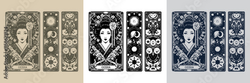 geisha playing card tattoo design featuring fans