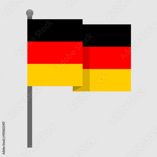 Waving German flag on a gray flagpole. Vector decorative element