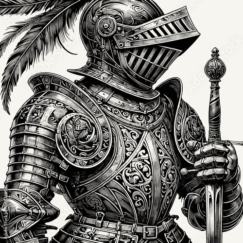 Medieval Knight in Ornate Armor Woodcut Style Illustration