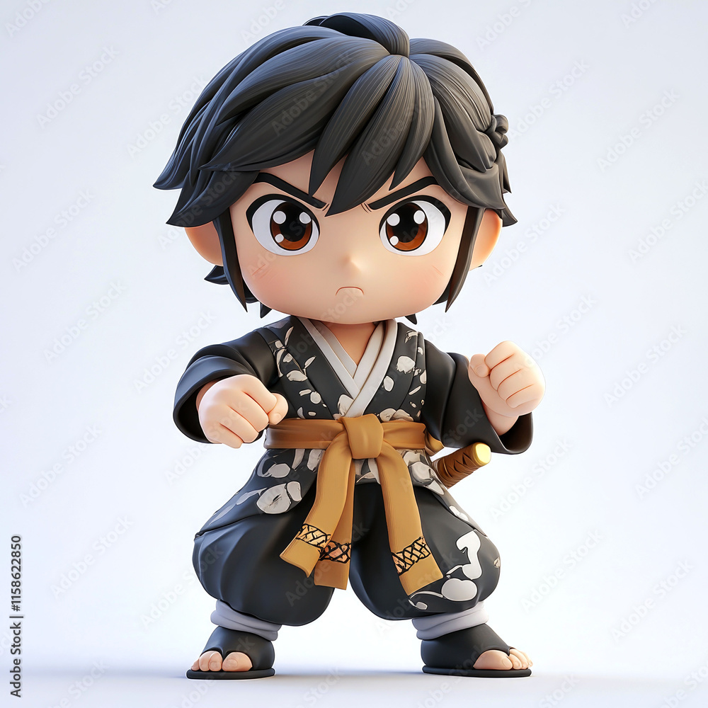 3D render of a chibi-style boy in a kimono, ready to fight. 3D render of a chibi-style boy in a kimono, ready to fight.