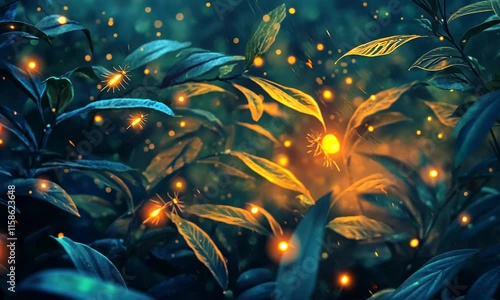 Enchanted foliage illuminated by glowing particles.