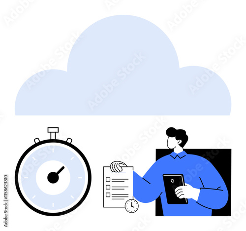 Stopwatch, cloud, and person with checklist and tablet depict time management, task prioritization, and digital efficiency. Ideal for productivity, efficiency, workflow management, cloud computing