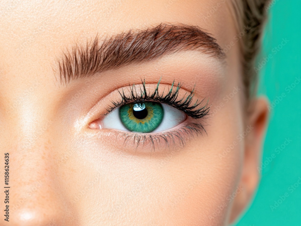 Obraz premium A close-up image of a beautiful female eye with vibrant green iris, detailed lashes, and natural makeup, set against a contrasting green background.