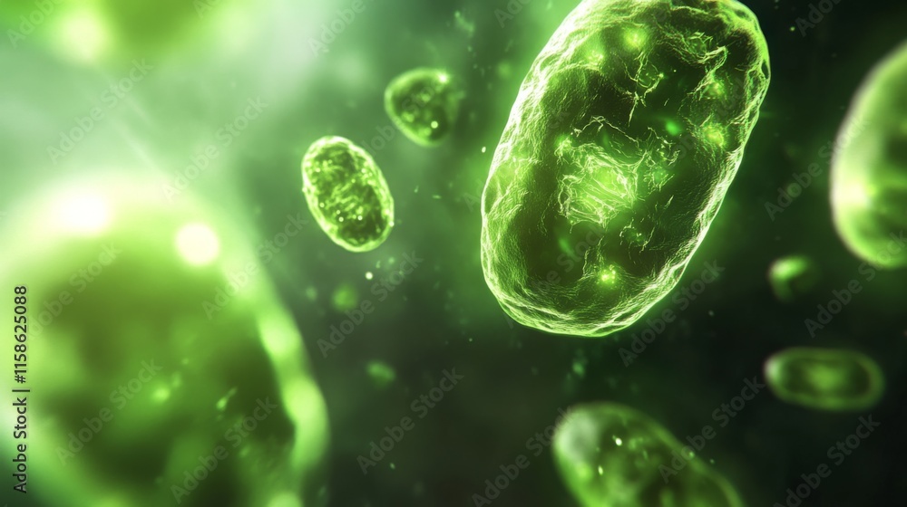 Green glowing cells under microscope reveal the intricate beauty of microscopic life, symbolizing the delicate balance and complexity of biological processes in nature. Green glowing cells under microscope reveal the intricate beauty of microscopic life, symbolizing the delicate balance and complexity of biological processes in nature.