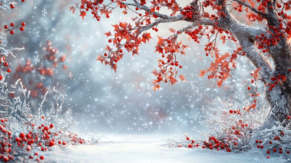 Serene Winter Scene with Snowflakes and Red Berries on a Bare Tree Branch in a Tranquil Christmas Setting Serene Winter Scene with Snowflakes and Red Berries on a Bare Tree Branch in a Tranquil Christmas Setting