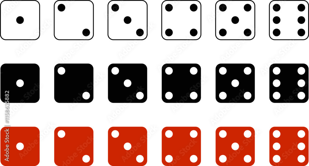 Dice, set of dice of black, white and red colors isolated on white background. Vector, designer illustration. Dice, set of dice of black, white and red colors isolated on white background. Vector, designer illustration.