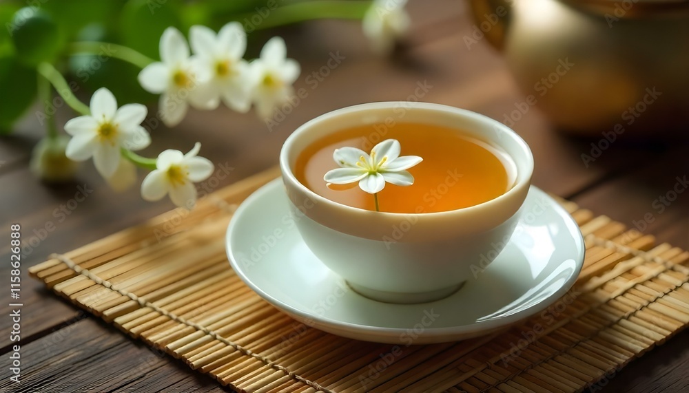 Traditional Asian-style tea set with jasmine tea served in a porcelain cup, surrounded by fresh jasmine flowers, resting on a bamboo mat. Stock photography 32K, UHD, Ultra HD quality, high quality Traditional Asian-style tea set with jasmine tea served in a porcelain cup, surrounded by fresh jasmine flowers, resting on a bamboo mat. Stock photography 32K, UHD, Ultra HD quality, high quality