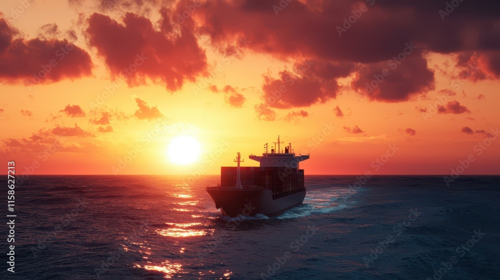A cargo ship sails across a shimmering sea at sunset, with vibrant colors illuminating the sky and reflecting on the water. A cargo ship sails across a shimmering sea at sunset, with vibrant colors illuminating the sky and reflecting on the water.