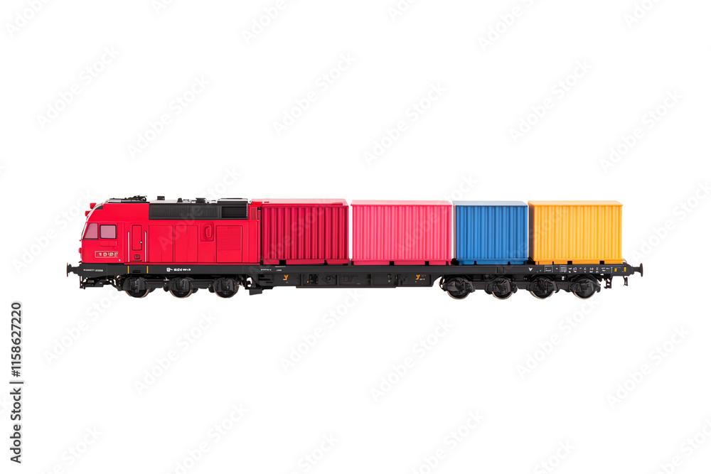 A vibrant red train with colorful cargo containers in pink, blue, and yellow, showcasing a sleek design. A vibrant red train with colorful cargo containers in pink, blue, and yellow, showcasing a sleek design.