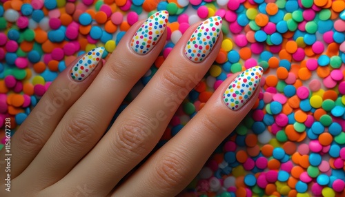 Colorful Polka Dot Nail Art Design On Fingers photo