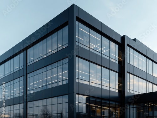 A modern office building with a sleek glass facade against a clear blue sky, showcasing contemporary architecture and urban design. photo