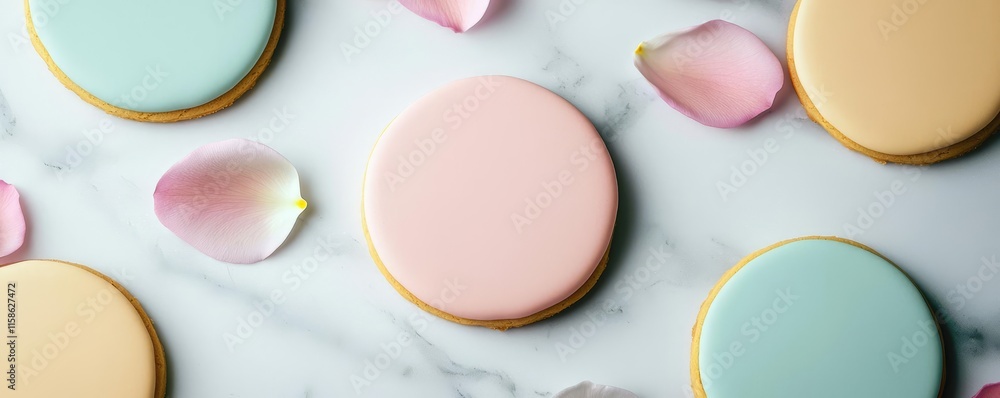 Pastel cookies idea. Colorful cookies surrounded by flower petals on a marble surface. Pastel cookies idea. Colorful cookies surrounded by flower petals on a marble surface.